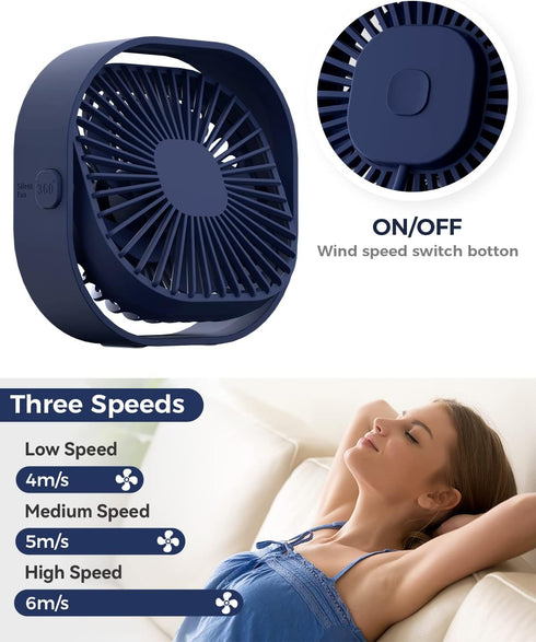 RJVW Small USB Desk Fan, 3 Speeds Portable Table Fan, 4 Inch Mini Fan, 360° Rotatable for Home Office