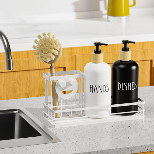Set, 16OZ Set, Moforoco Kitchen Dish Soap Dispenser Glass Bottle, Hand and Dish Soap Dispenser Instant Dry Tray