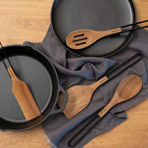 Wooden Utensils for Cooking - Acacia Wood, Modern Design, Scratch-Resistant Stainless-Steel Handles