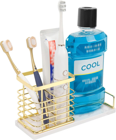 HarJue Toothbrush Holder, Luxurious Metal Toothbrush Toothpaste Holder with Marble Base for