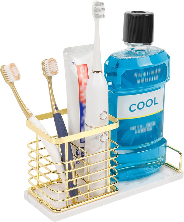 HarJue Toothbrush Holder, Luxurious Metal Toothbrush Toothpaste Holder with Marble Base for