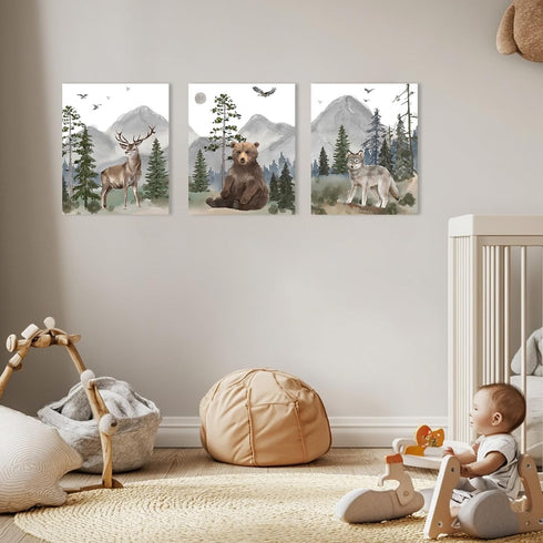 16"x24" Set 3, Woodland Animal Nursery Wall Art: Forest Wildlife Prints Canvas Posters of Wolf Bear Elk Pictures