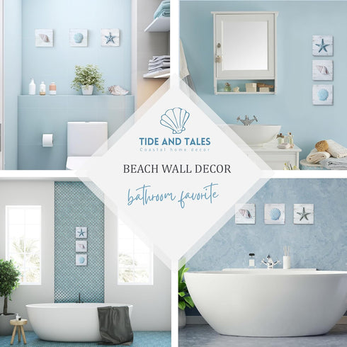 TideAndTales 3D Beach Wall Art - Set of 3 Seashell Decor with Starfish for Beach Bathroom and Coastal Decor