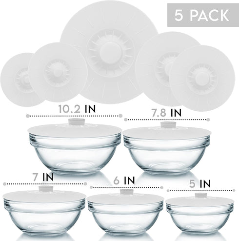 Silicone Bowl Lids, Set of 5 Reusable Suction Seal Covers for Bowls, Pots, Cups, Food Safe