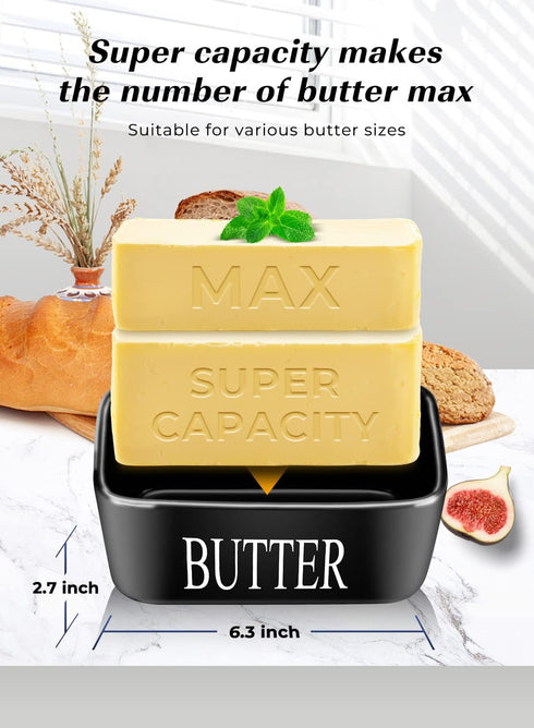 Black Ceramic Butter Dish with Lid - Large Countertop Holder for 2 Sticks, Includes Knife and Sponge Scrubber