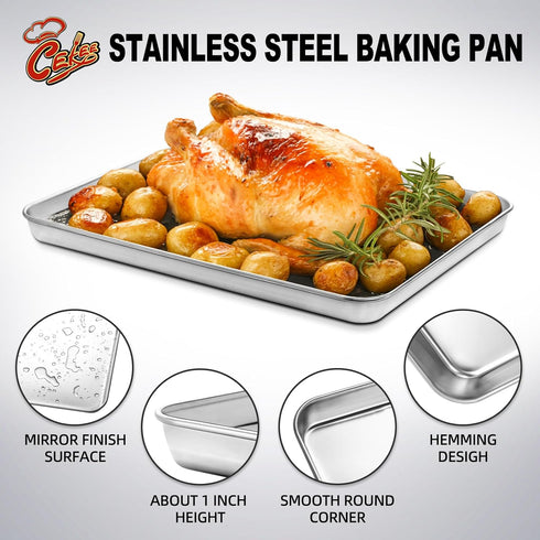 Small Baking Sheet of 2, CEKEE Stainless Steel Baking Pan Tray Cookie Sheet, Size 9 X 7 X 1 inch, Healthy & Non Toxic, Rust Free & Mirror Finish, Easy Clean & Dishwasher Safe