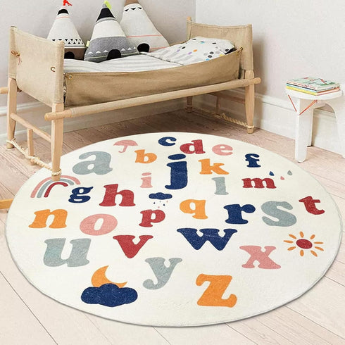 4ft,Fluffy ABREEZE Round Kids Play Mat Faux Wool Kids Rug Non-Slip Childrens Carpet ABC Number Educational Learning