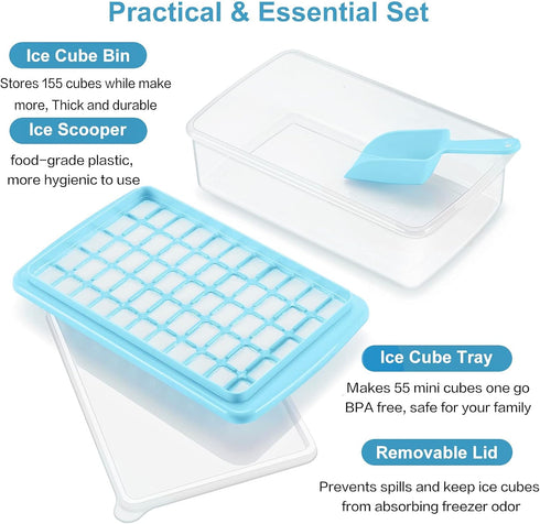 ARTLEO Ice Cube Tray with Lid and Bin for Freezer, 55 Trapezium Easy Release Ice Cube Tray with Cover, Storage