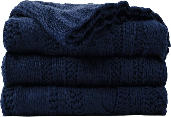 Battilo Navy Cable Knit Throw Blanket, Super Soft Cozy Decorative Knitted Blanket for Couch, Bed, Sofa, Chair 50"x60"