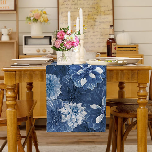 Summer 13x108 Inch Navy Blue Dahlia Flower Spring Table Runner Blue Gray Burlap Table Runners, Floral Seasonal Coffee