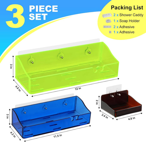 Acrylic Shower Shelves 3 Pack, Adhesive Organizer for Bathroom Storage, No Drilling, Colorful Shower Caddy