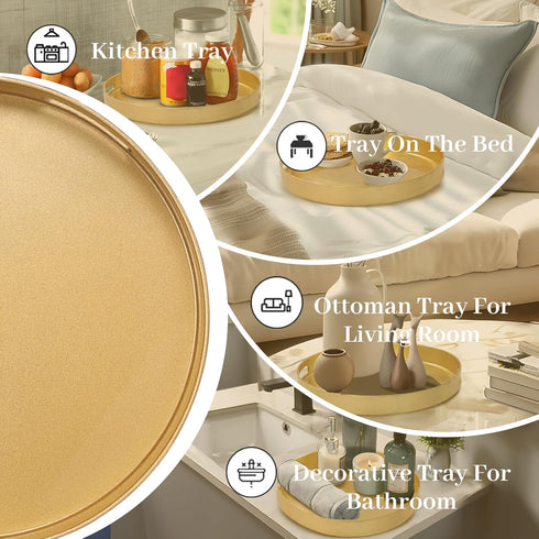 13" MAONAME Gold Round Decorative Tray for Coffee Table, Modern Serving Tray with Handles, Plastic Ottoman Trays