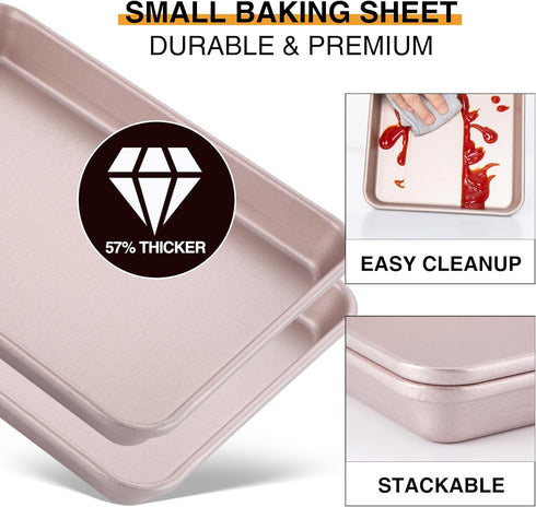 HONGBAKE Toaster Oven Pan, Nonstick Set of 2, Premium 1/8 Sheet Pan for Baking, Heavy Duty, Rose Gold
