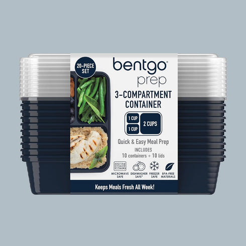 Bentgo 20-Piece Reusable BPA-Free 3-Compartment Containers, Lightweight, Microwave, Freezer, Dishwasher Safe - Navy Blue