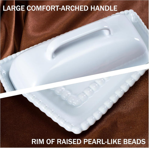 Countertop White Ceramic Butter Dish with Lid-Vintage Pearl Embossed Edge & Large Arc Handle-Keeps Butter Fresh on