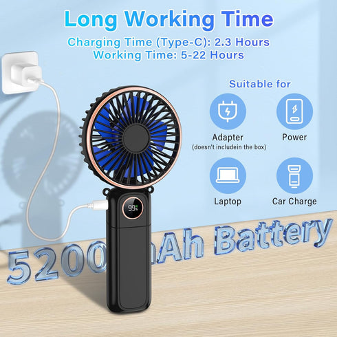 Portable Handheld Fan, 5200mAh Rechargeable, 180° Foldable Mini Hand Held Fan, Max 22 HRS Working, 6 Speeds, LED Display