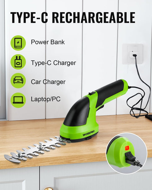WORKPRO Cordless Grass Shear & Shrubbery Trimmer, 2 in 1 Handheld 7.2V Electric Grass Cutter with Battery Included