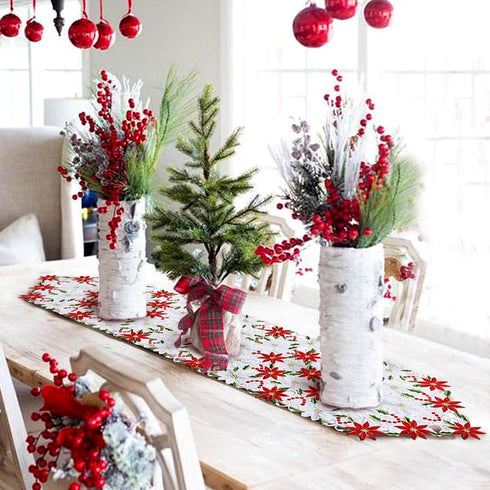 OurWarm Christmas Table Runners, Embroidered Poinsettia Holly Leaf Table Linens, 15 x 70 Inch