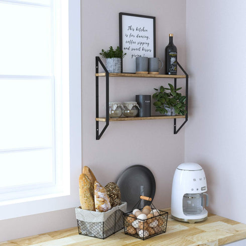 2-Tier 24 Inch Wallniture Ponza Floating Bookshelf for Wall, Wall Shelves for Bedroom Storage, Natural Burned Wood