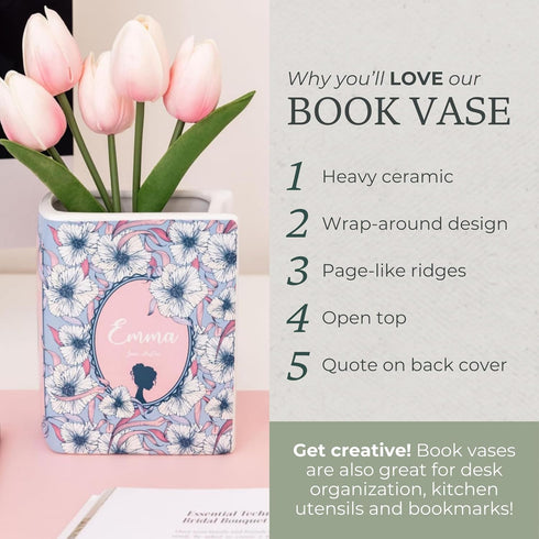 Emma) Steel Mill & Co Original Book-Shaped Decorative Vase, Ceramic Vases for Home Decor, Cute Bookshelf Decor, Unique