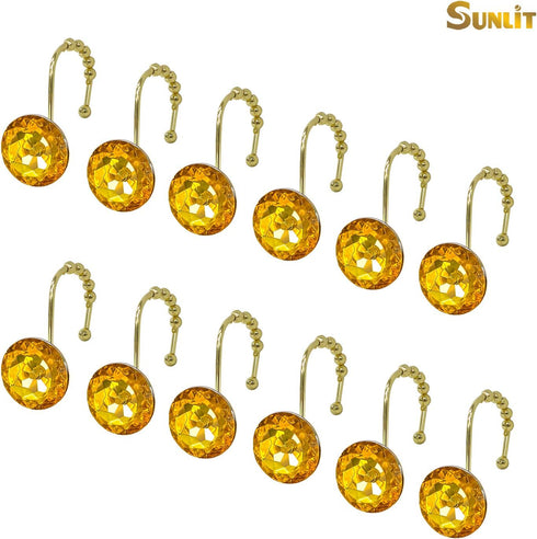 Sunlit Luxury Design Round Yellow Diamond Crystal Gem Bling Shower Curtain Hooks, Rust Proof Metal Rings - 12 Pack