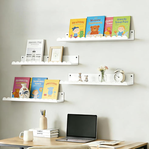 24 Inch Set 4, Nursery Book Shelves of White Metal Floating Shelves for Wall, Scalloped Cloud Book Shelf for Kids Room