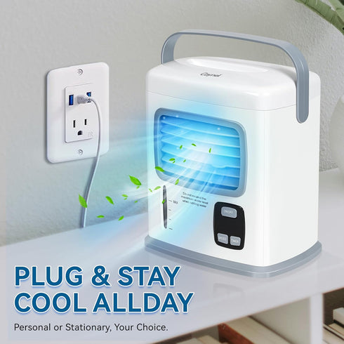 CAYNEL Portable Air Conditioner | 2 Speeds, 5W USB | Water Tank, 1~12h Timer | Adjustable Air Outlet for Desktop &