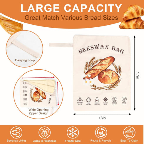 Nedsewor 2 Pack Reusable Beeswax Bread Bags for Sourdough, Cotton Bread Bag with Wide Zipper Opening & Handle, Large