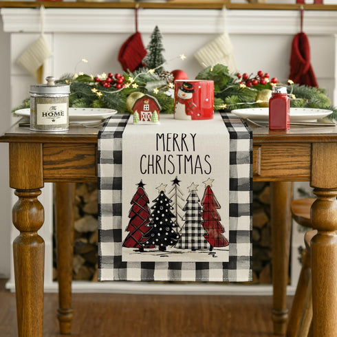 Artoid Mode Watercolor Buffalo Plaid Christmas Trees Table Runner - Merry Xmas Seasonal Holiday Kitchen Dining Decor 13
