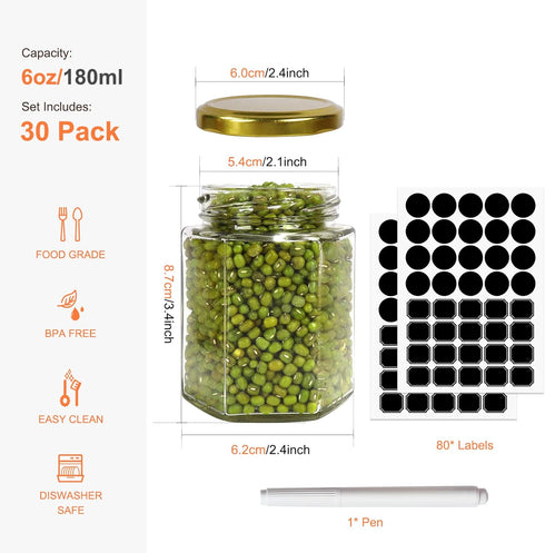 Betrome 30 Pack 6oz Hexagon Glass Jars with Gold Lids, Clear Glass Canning Jars for Jams, Shower Favors, Craft