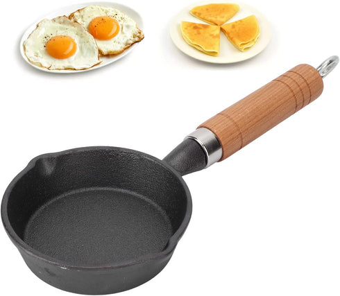 Mini Egg Frying Pan, 3.9in Single Serve Cast Iron Omelet Pan with Wooden Handle for Gas, Electric, Induction
