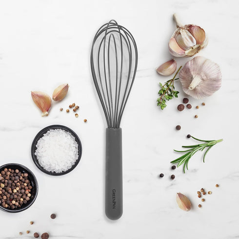 GreenPan Silicone Whisk, Mixing Blending Beating Stirring Cooking Kitchen Utensil, Flexible Rubber Nonstick Cookware, Rigid Steel Core, Heat-Resistant, Anti-Slip Handle, BPA-Free Dishwasher Safe, Gray by GreenPan