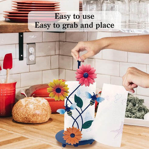 Sunflower Kitchen Paper Towel Holder, Black Metal Farmhouse Decor with Sunflower Flower Bee for Kitchen