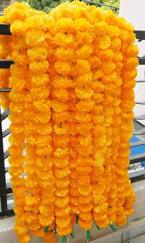 Marigold Garland for Decoration, 5 Feet Long Strands of Artificial Flowers, Indian Décor for Wedding, Christmas, Events