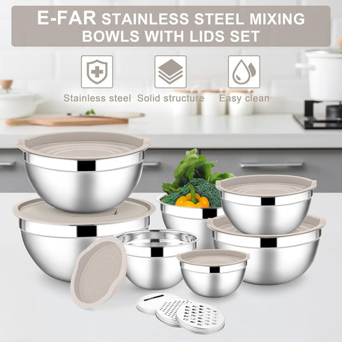E-far Mixing Bowls with Lids Set, 7-Piece Stainless Steel Mixing Bowls with 3 Grater Attachments for Baking