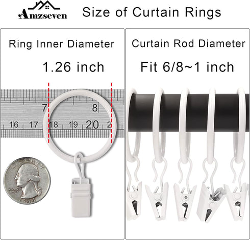 40 Pack Curtain Rings with Clips, Drapery Clips with Rings, 1.26 in Interior Diameter, Fits up to 1 in Curtain Rod,