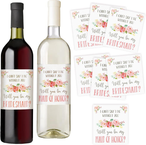 Printed Party Bridesmaid Proposal Wine Bottle Label Gift, Floral Design, Set of 7