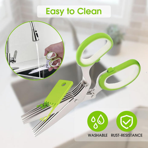 Herb Scissors with 5 Blades and Cover - Multipurpose Kitchen Shears for Cutting and Stripping, Green