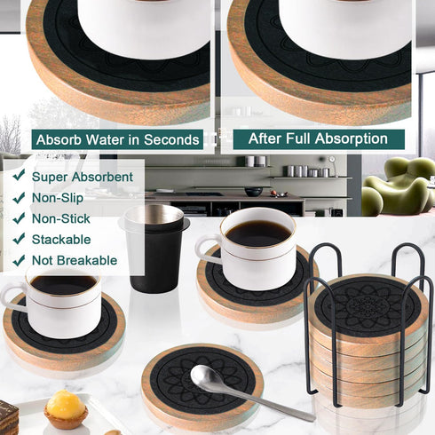 Minacun Set 8, 4.3 Inch Wood Coasters for Drinks of Absorbent Coaster, Drinks Coasters for Coffee Tabletop Protection
