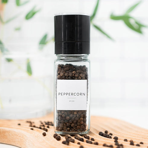 24PK Set 4oz, 374 SAVVY & SORTED Glass Spice Jars with Label, Bamboo Jar Spices Spice Labels, Pepper Grinder, Empty