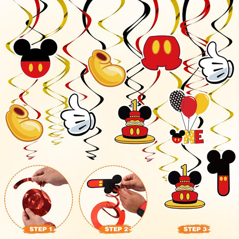 1st Birthday Red Hanging Swirl Decorations, Mouse Theme Party Supplies, Ceiling Streamers, 38 Pcs Party Favors for Kids