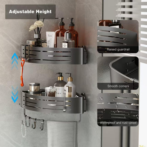 2 Pack Voldra Corner Shower Shelves, Aluminum Stick On Showers Organizer, Modern Style, Triangular Corner Shelf, No