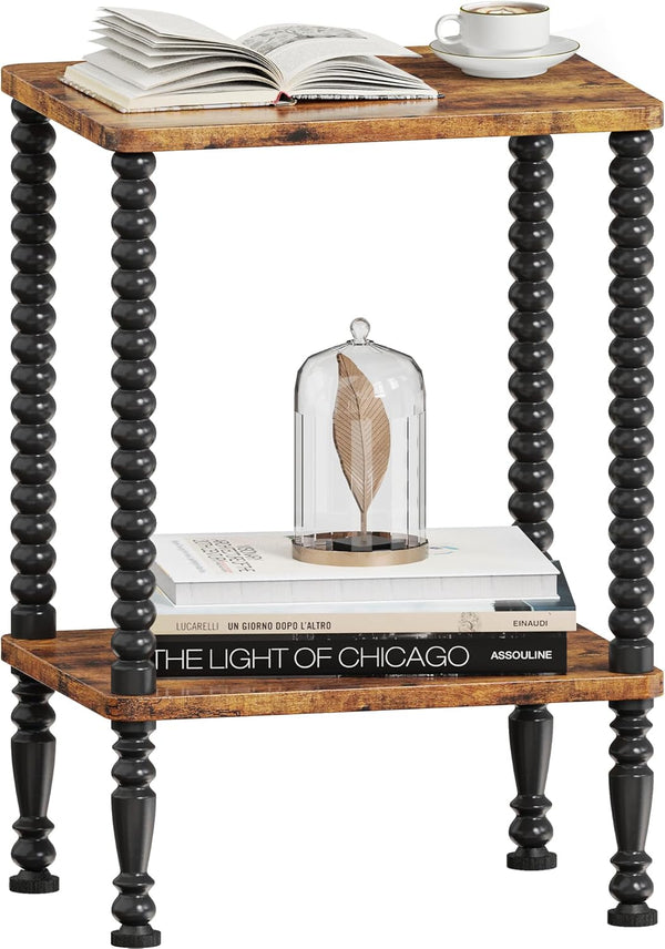 Side Table, 2-Tier Wood End Table, Vintage Bedside Nightstand with Open Storage
