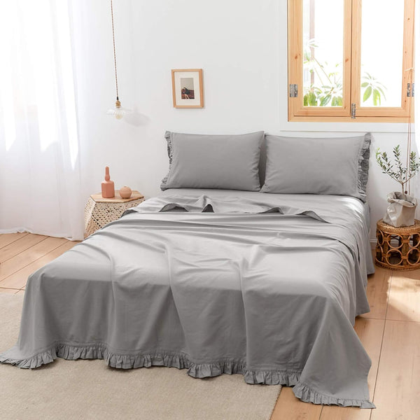 BISELINA Linen Sheet French Flax Flat Sheet with Pleated Ruffles 55% Euro
