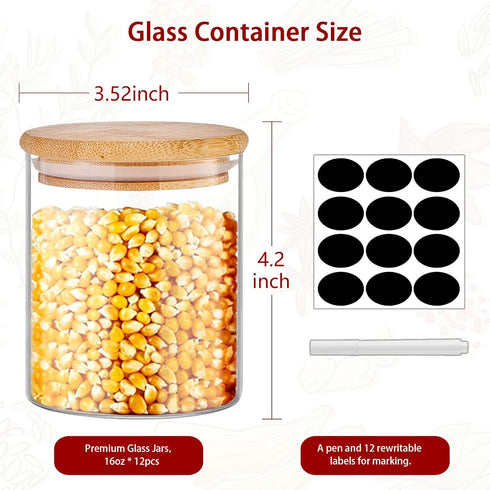 16 oz, 12pcs SLifeJars - Glass Jars with Bamboo Lids Glass Food Storage Jars with Rewritable Labels, Bamboo Lid Jar