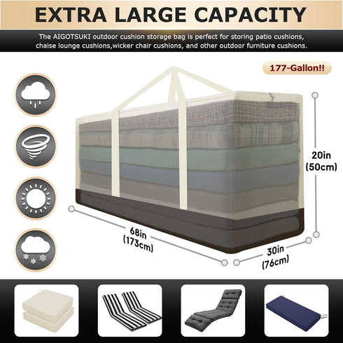 AIGOTSUKI 68" 30" 20" 1 Pack) Cushion Storage Bag Waterproof Outdoor Cushions Storage Bag L x W x H Large Patio