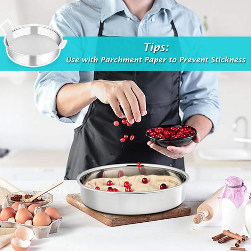 P&P CHEF Cake Pan Set of 2 - Stainless Steel Round Baking Layer Cake Pans, 9.5 Inch, Non Toxic & Easy Clean