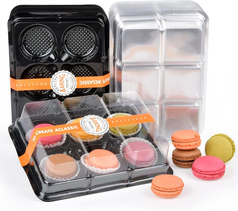 Macaron Box with Clear Display Window, 50-Pack Black Base Gift Box Fits 6 Macarons, Dessert Carrier