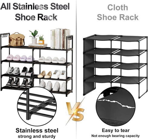 DYJIEKAI 2 4 16-20 Closet, Rows Tier Shoe Rack, Black Metal Stackable Shoe Shelf with Multifunctional Hooks, Hold