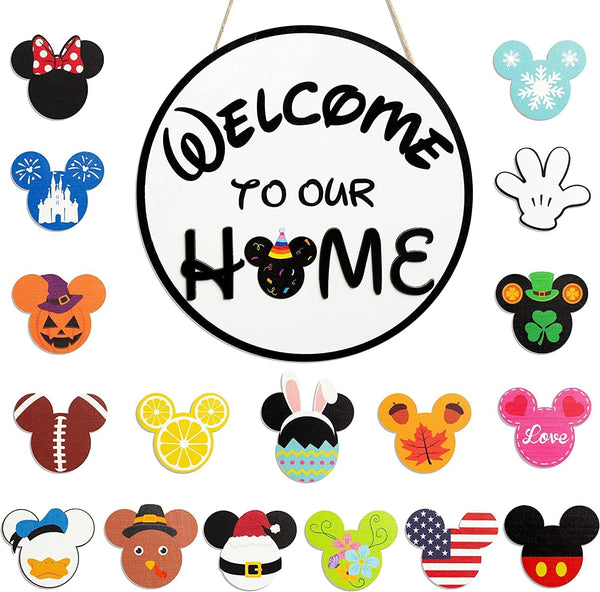 19Pcs Cute Mouse Interchangeable Seasonal Welcome Door Sign - Front Door Decor for Farmhouse